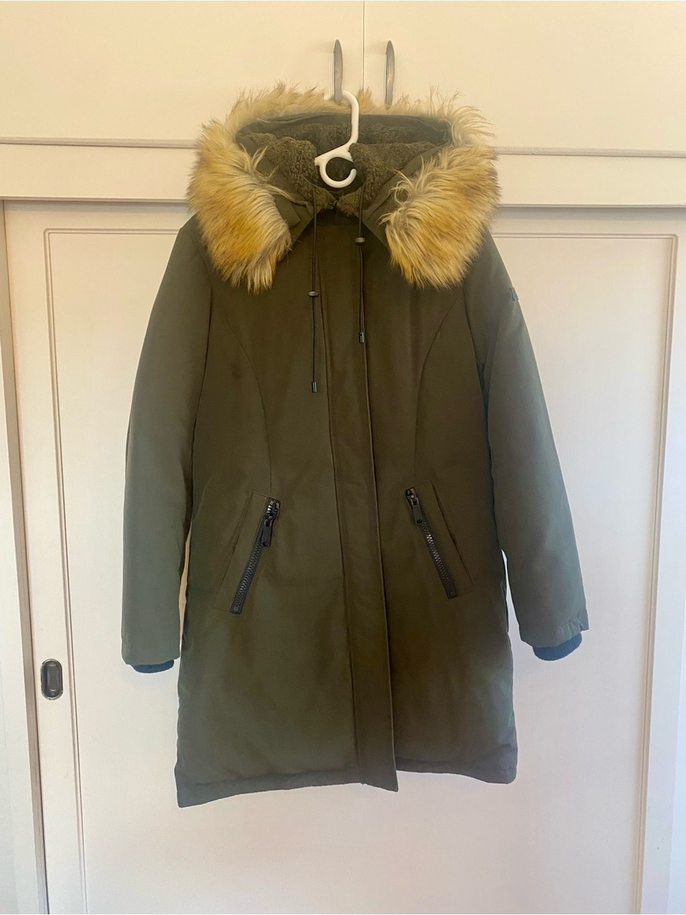 Sam Edelman Olive Green Faux Fur Hooded Puffer Coat